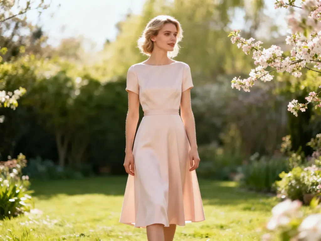 Elegancka kobieta w pastelowej sukience midi w ogrodzie, prezentująca stylizację idealną na chrzest.