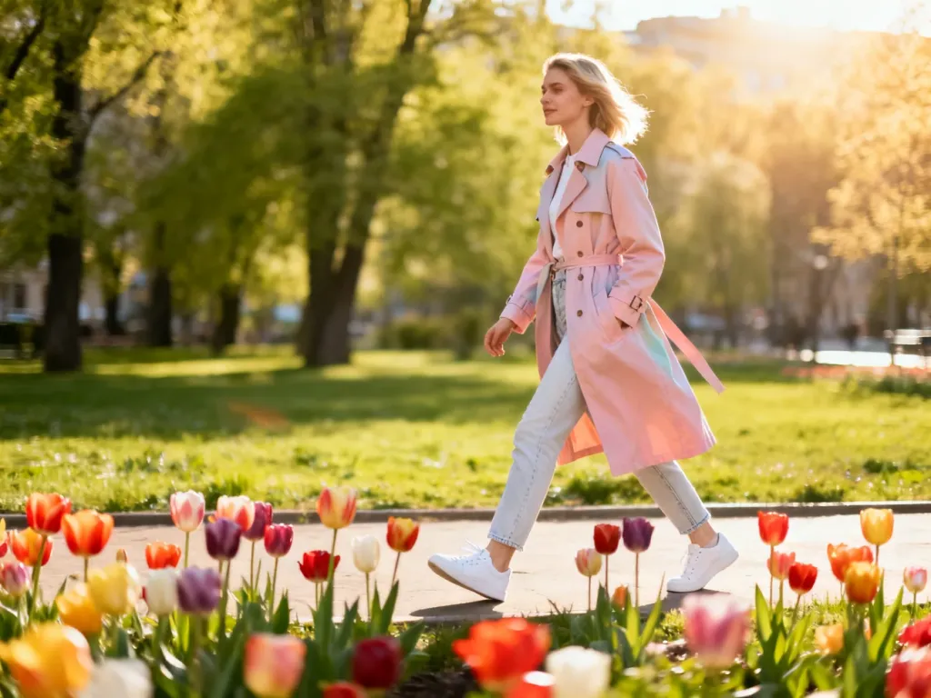 Stylowa kobieta w pastelowym trenczu i jeansach spaceruje wiosennym parkiem wśród kwitnących tulipanów.