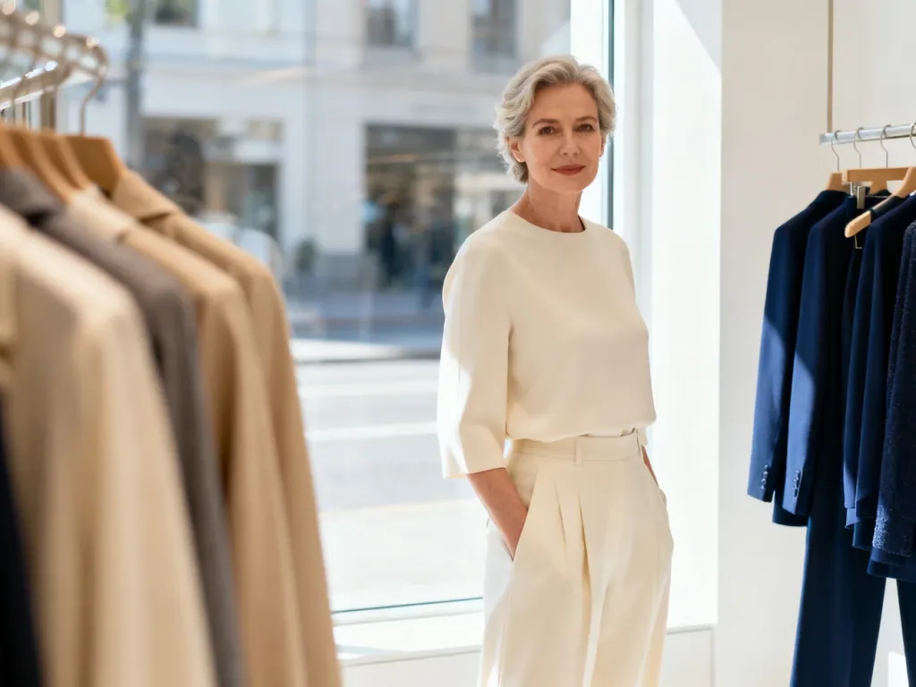 Elegancka kobieta po czterdziestce w minimalistycznej stylizacji w nowoczesnym butiku.