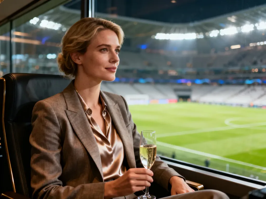 Elegancka kobieta w stylu smart-casual z kieliszkiem szampana w luksusowej loży VIP na stadionie piłkarskim.