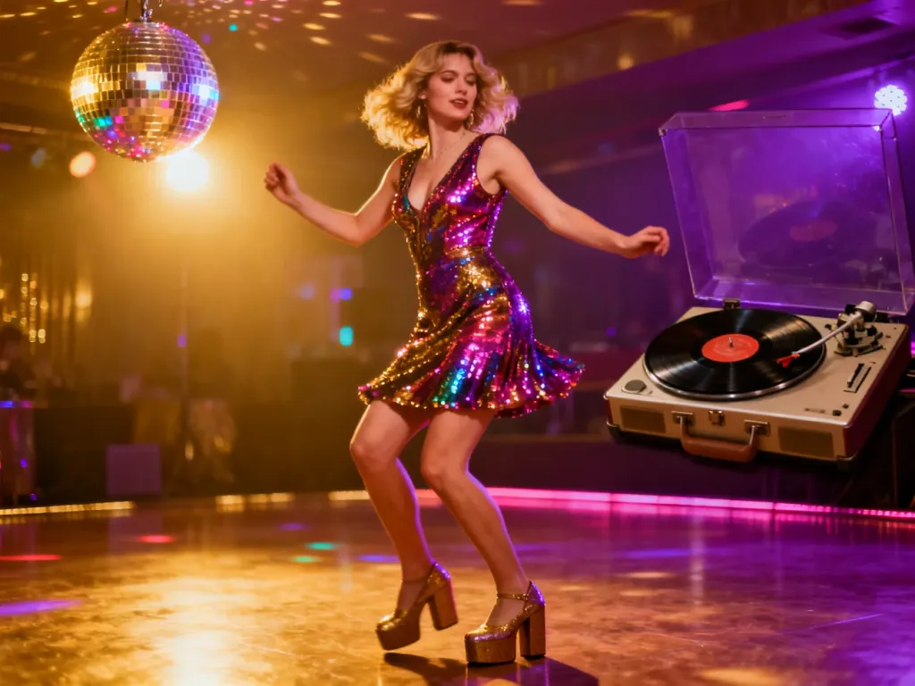 Kobieta w cekinowej sukience i butach na platformie tańczy na imprezie w stylu disco lat 70. w blasku kuli dyskotekowej.