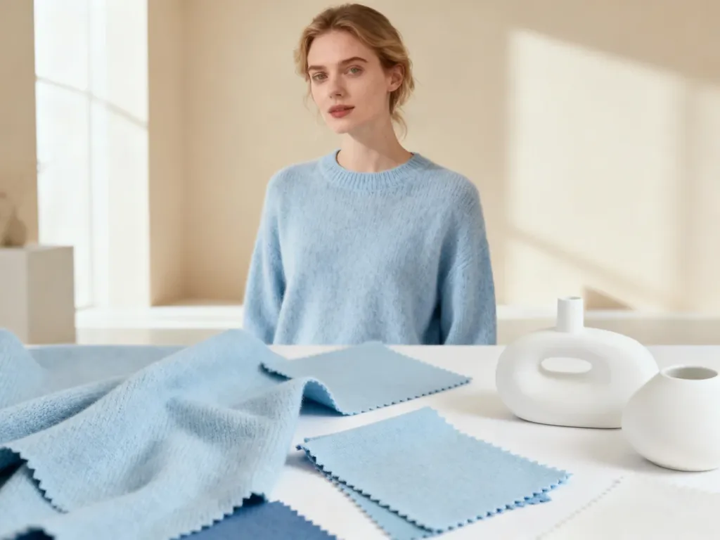 Stylowa kobieta w kaszmirowym swetrze w kolorze baby blue na tle minimalistycznego wnętrza z jasnymi dodatkami.