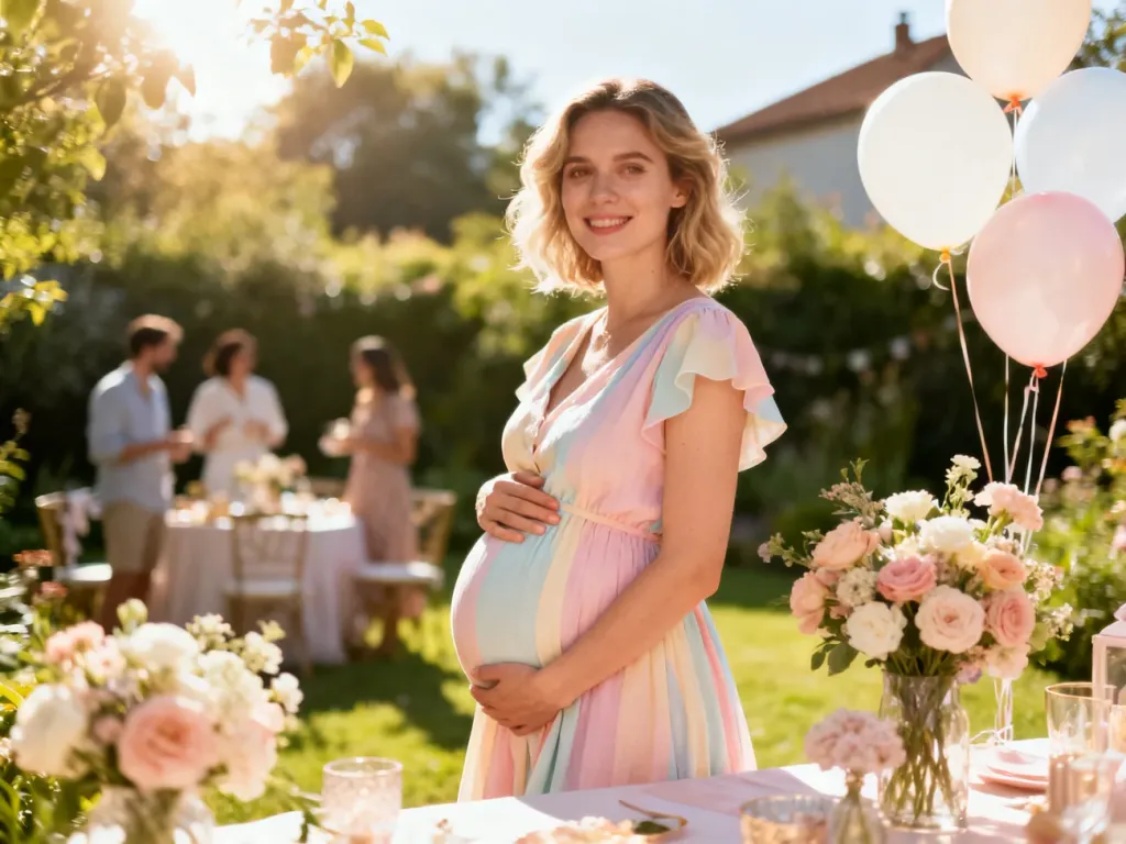 Ciężarna kobieta w pastelowej sukience na tle dekoracji ogrodowych, idealna inspiracja stylizacji na baby shower.