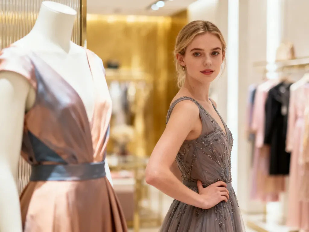 Elegancka młoda kobieta w wieczorowej sukni pozuje w luksusowym butiku, prezentując inspirację na stylizację na osiemnastkę.
