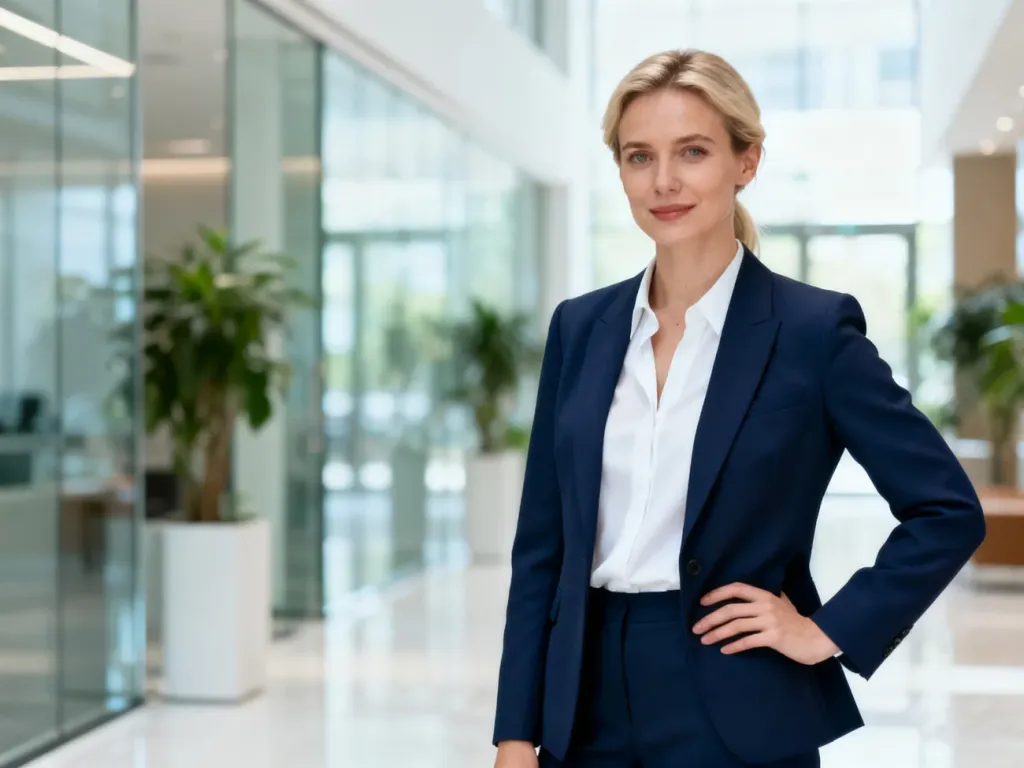 Profesjonalna kobieta w granatowej marynarce i białej koszuli, prezentująca elegancki styl biznesowy w biurowym wnętrzu.
