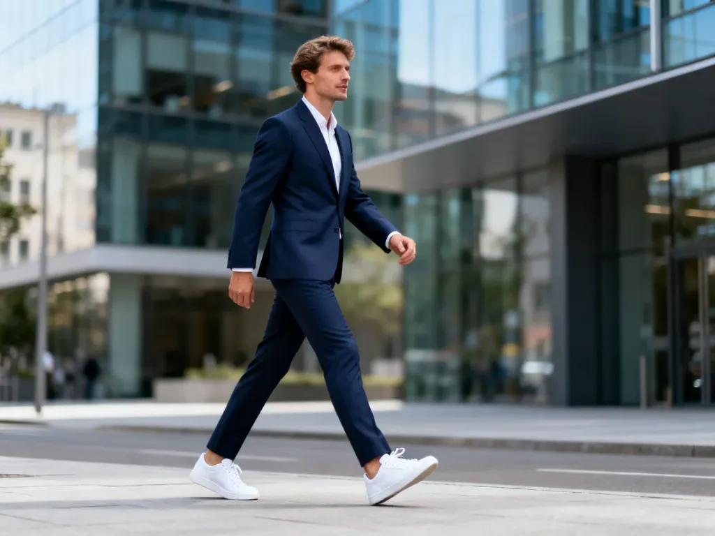 Elegancki mężczyzna w granatowym garniturze i białych sneakersach pewnie idzie przez nowoczesne centrum miasta.