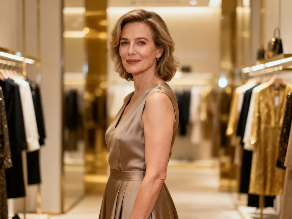Elegancka kobieta w stylowej sukience midi w nowoczesnym butiku, prezentująca modną propozycję na 40. urodziny.