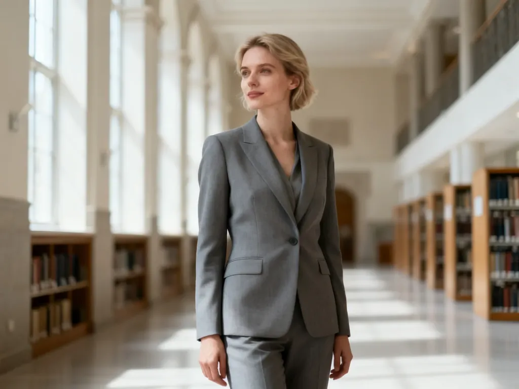 Elegancka kobieta w minimalistycznym garniturze w nowoczesnym korytarzu uczelni, prezentująca profesjonalny strój na obronę.