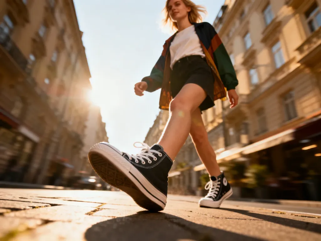 Stylowa kobieta w klasycznych trampkach Converse spaceruje po słonecznej ulicy, prezentując modną, miejską stylizację.