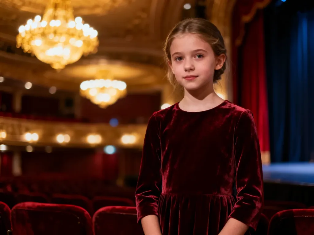 Dziewczynka w eleganckiej welurowej sukience w wytwornym wnętrzu teatru, idealnie pasująca do odświętnego stroju na spektakl.