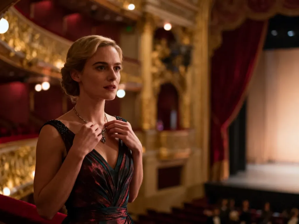 Elegancka kobieta w wieczorowej sukni w foyer teatru, prezentująca szykowną stylizację na wieczorne wyjście.