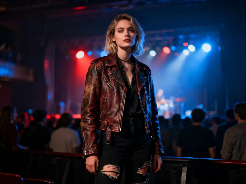 Stylowa kobieta w skórzanej kurtce i podartych jeansach na koncercie rockowym, podkreślająca rockowy styl ubioru.