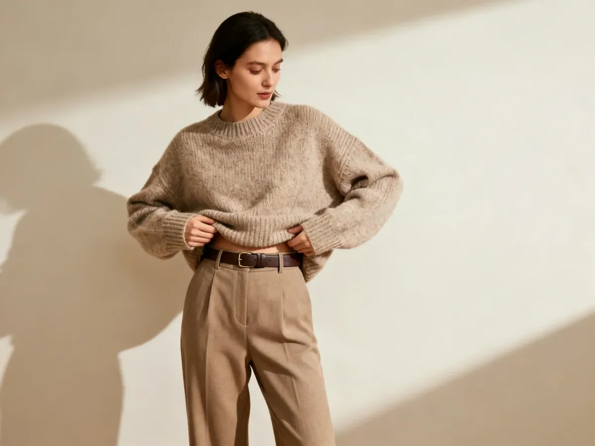 Sweter z paskiem w talii i spodniami z wysokim stanem