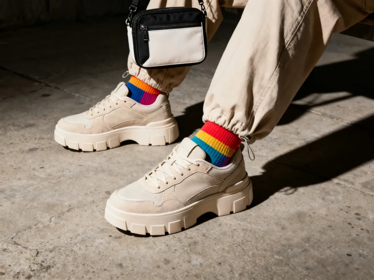 Masywne sneakersy i kontrastowe dodatki w miejskiej stylizacji