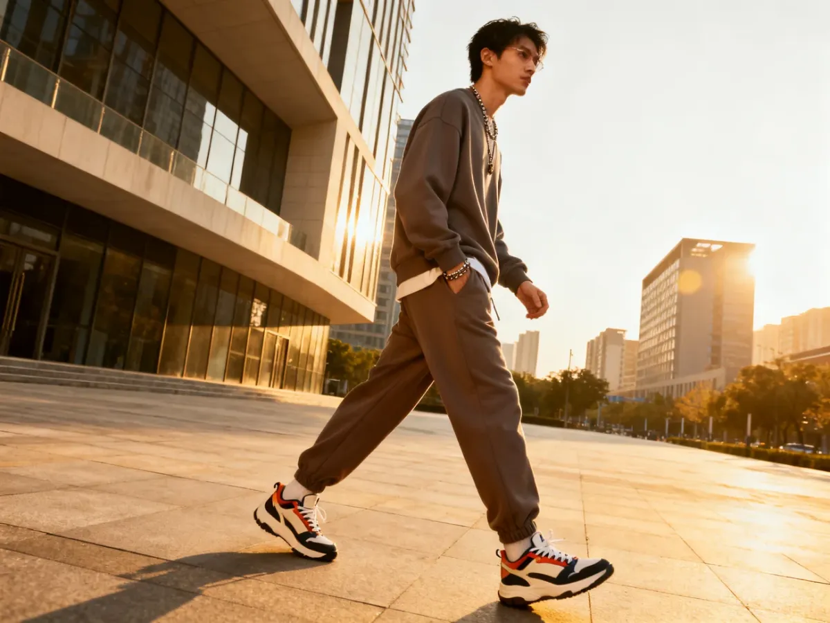 Osoba w wygodnej, indywidualnej stylizacji streetwear na tle nowoczesnego miasta