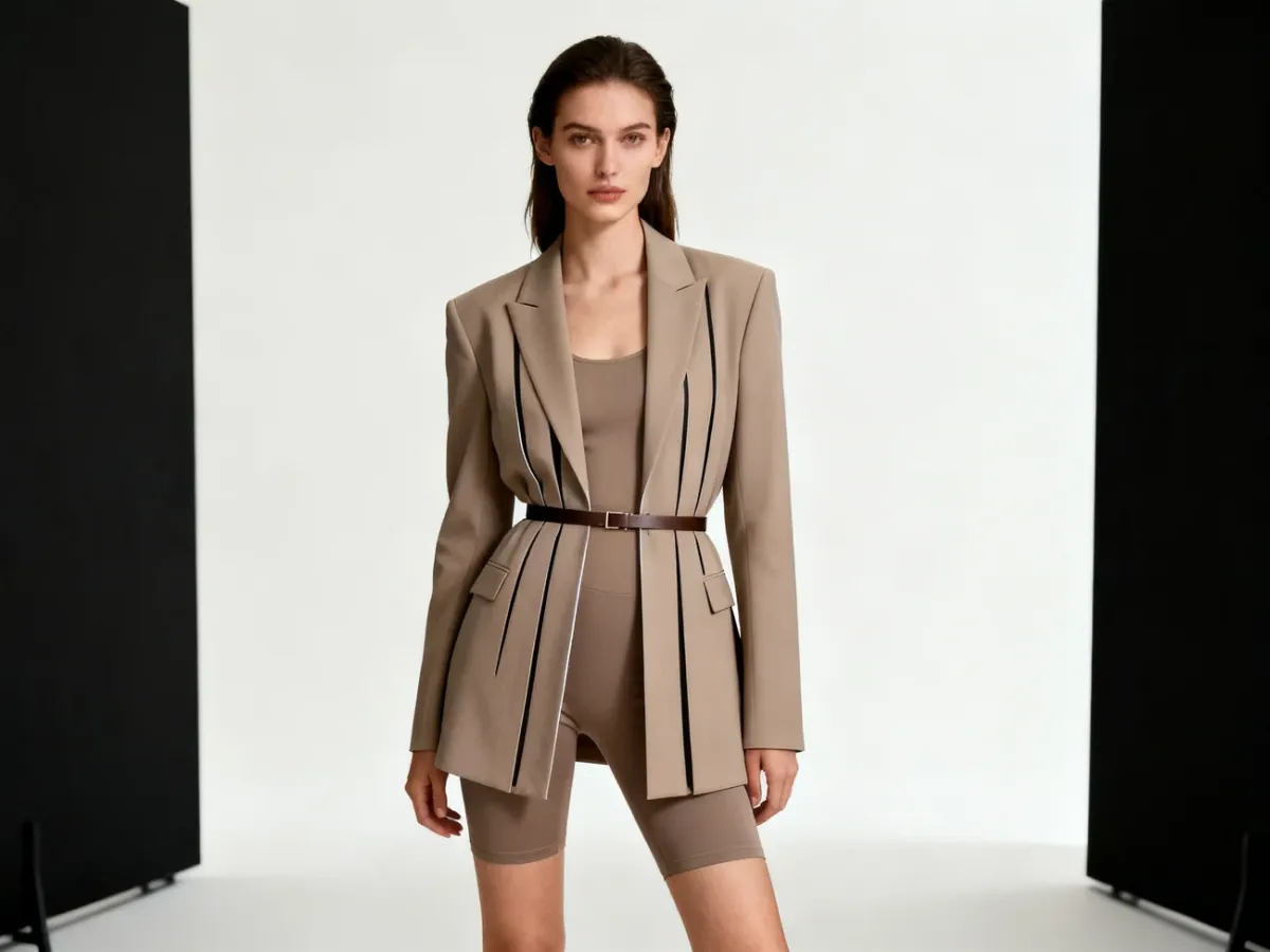 Stylizacja z rozpiętą krótką marynarką i paskiem modelującym talię