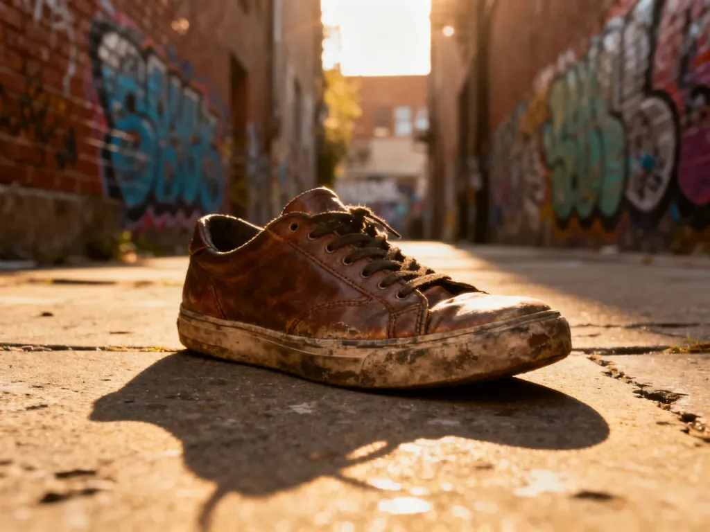 Zużyte skórzane sneakersy na betonowym chodniku w miejskiej scenerii z graffiti, oddające klimat kultury streetwearu.