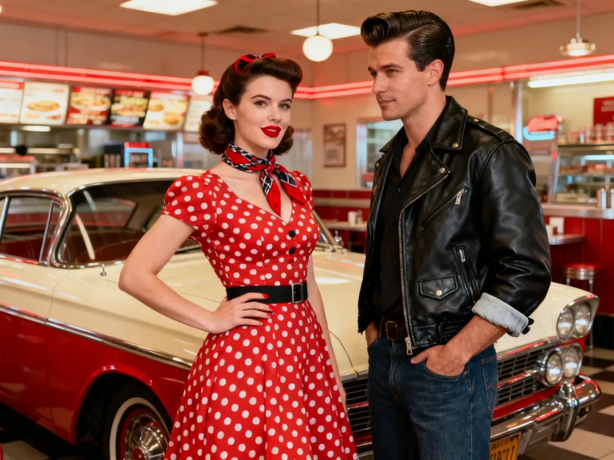 Para w stylizacjach rockabilly z sukienką w grochy, ramoneską i fryzurą pompadour