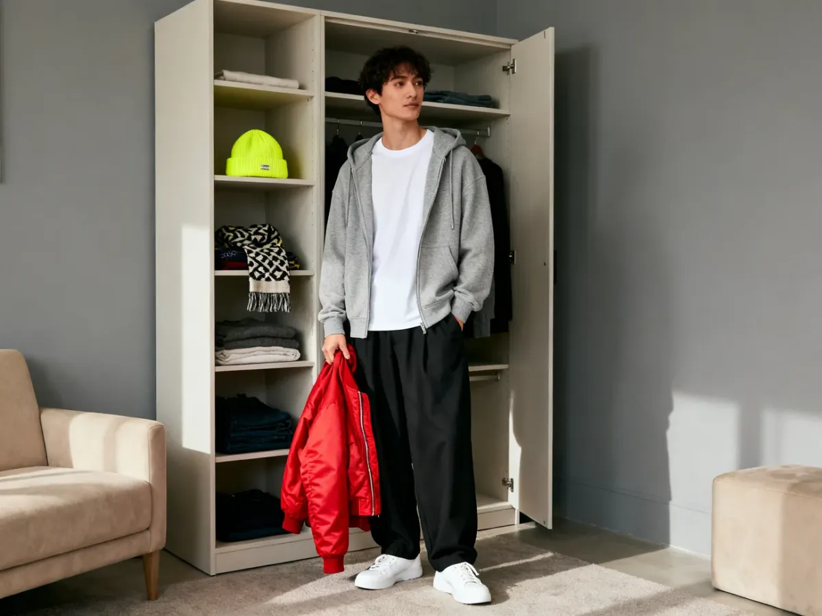Osoba komponująca codzienną stylizację streetwear przed otwartą garderobą