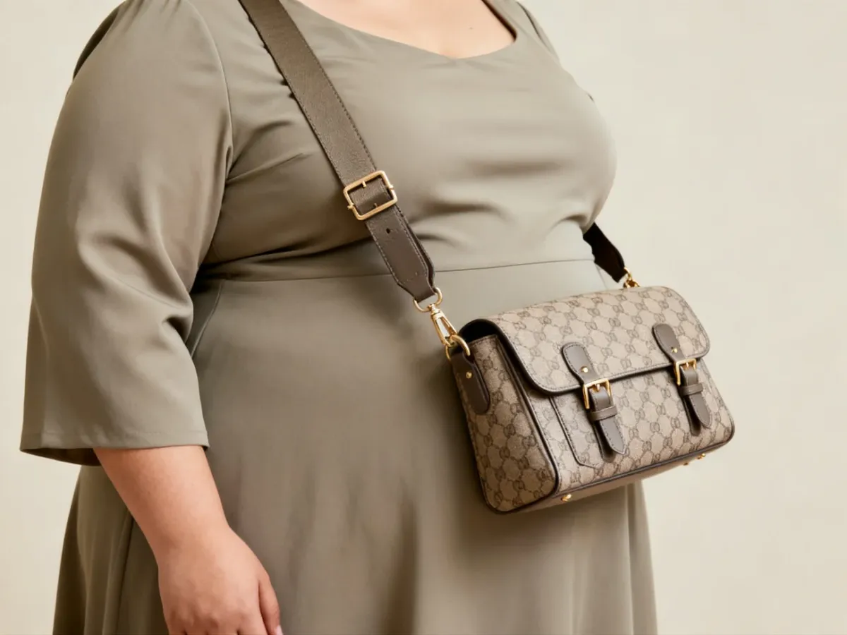 Regulowany pasek i detale torebki noszonej na sylwetce plus size