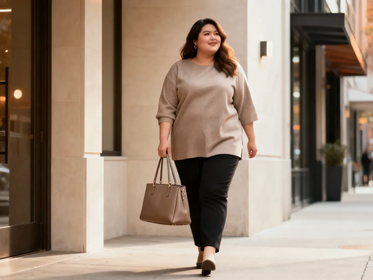 Kobieta plus size w codziennej stylizacji z proporcjonalną torebką