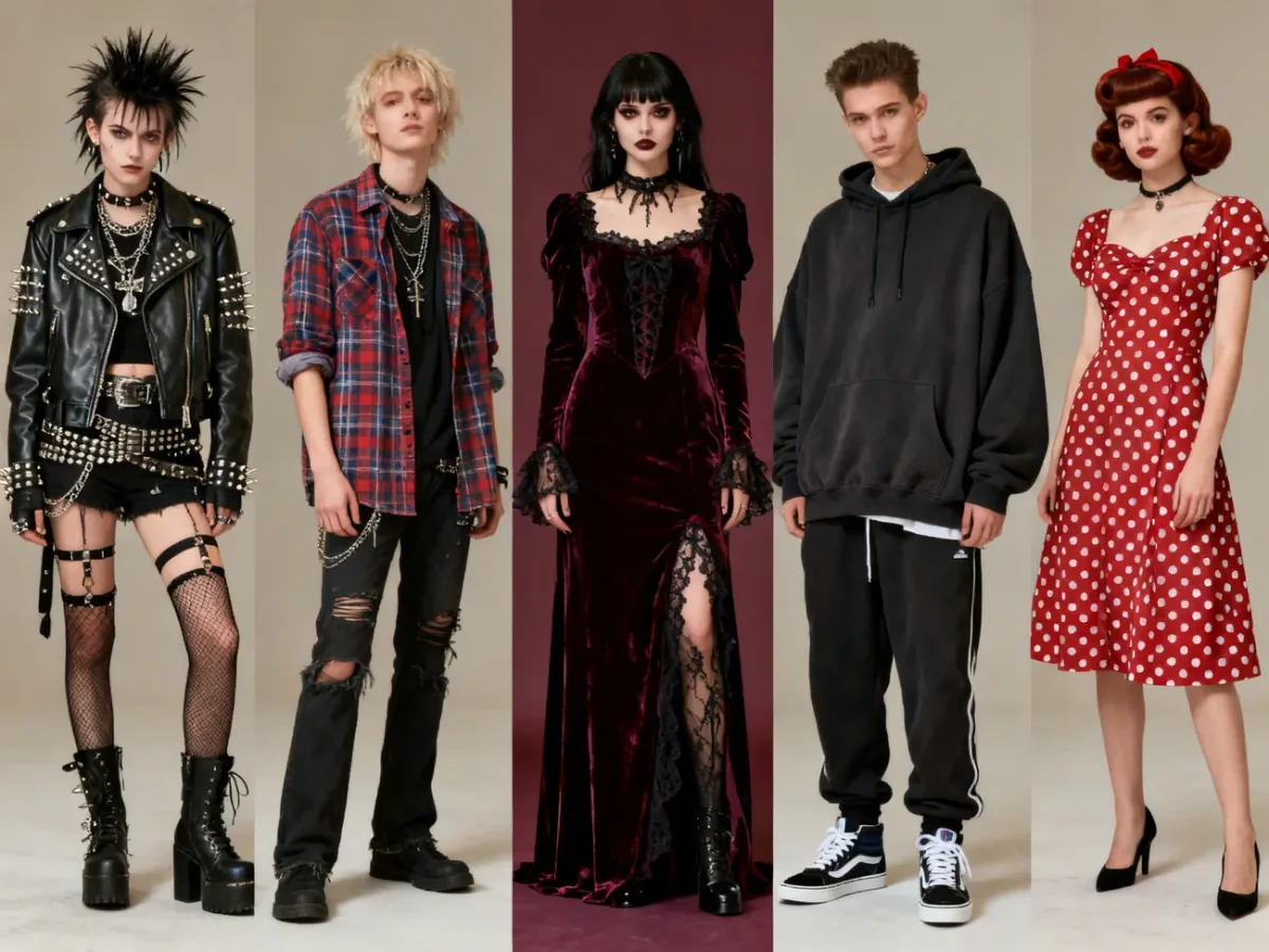 Zestawienie charakterystycznych elementów stylów punk, grunge, gotyckiego, hip-hopowego i rockabilly