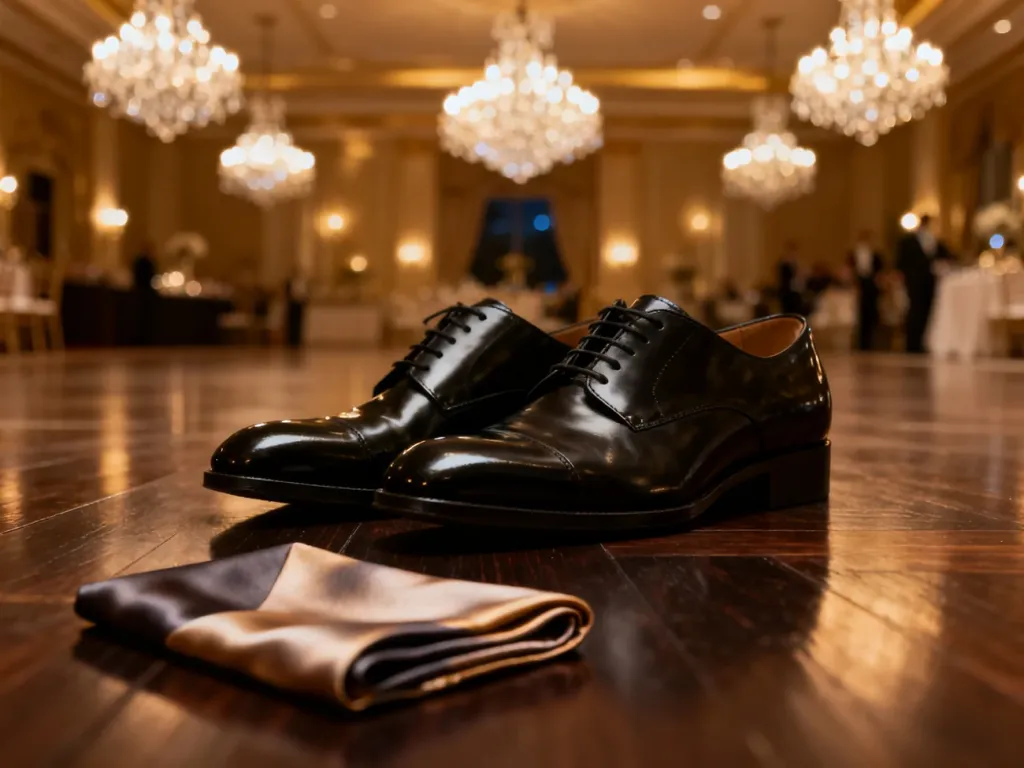 Eleganckie czarne półbuty i jedwabna poszetka na drewnianej podłodze w tle sali balowej, ilustrujące zasady stroju wieczorowego.