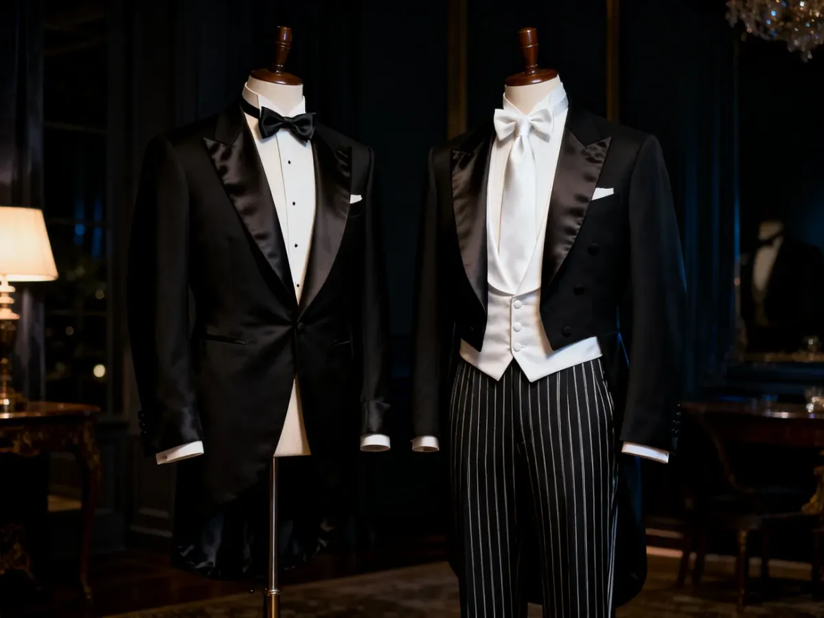 Porównanie klasycznego smokingu i formalnego fraka na eleganckich manekinach