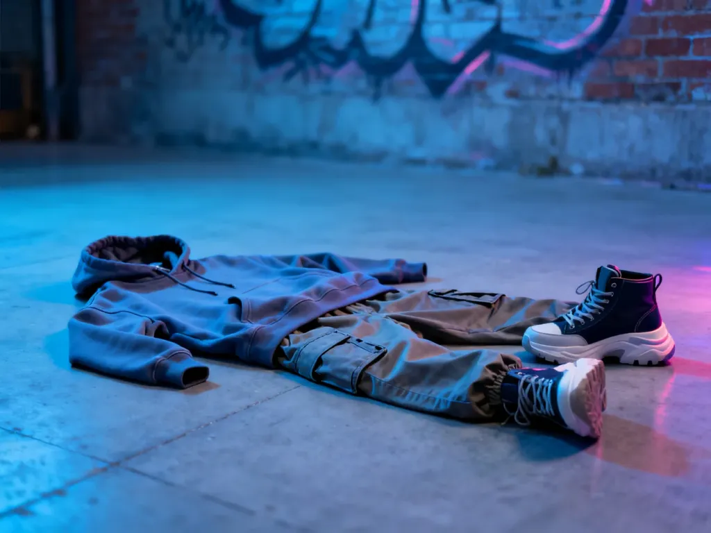 Zestaw ubrań w stylu streetwear: oversizowa bluza, spodnie cargo i masywne sneakersy na betonowym podłożu.