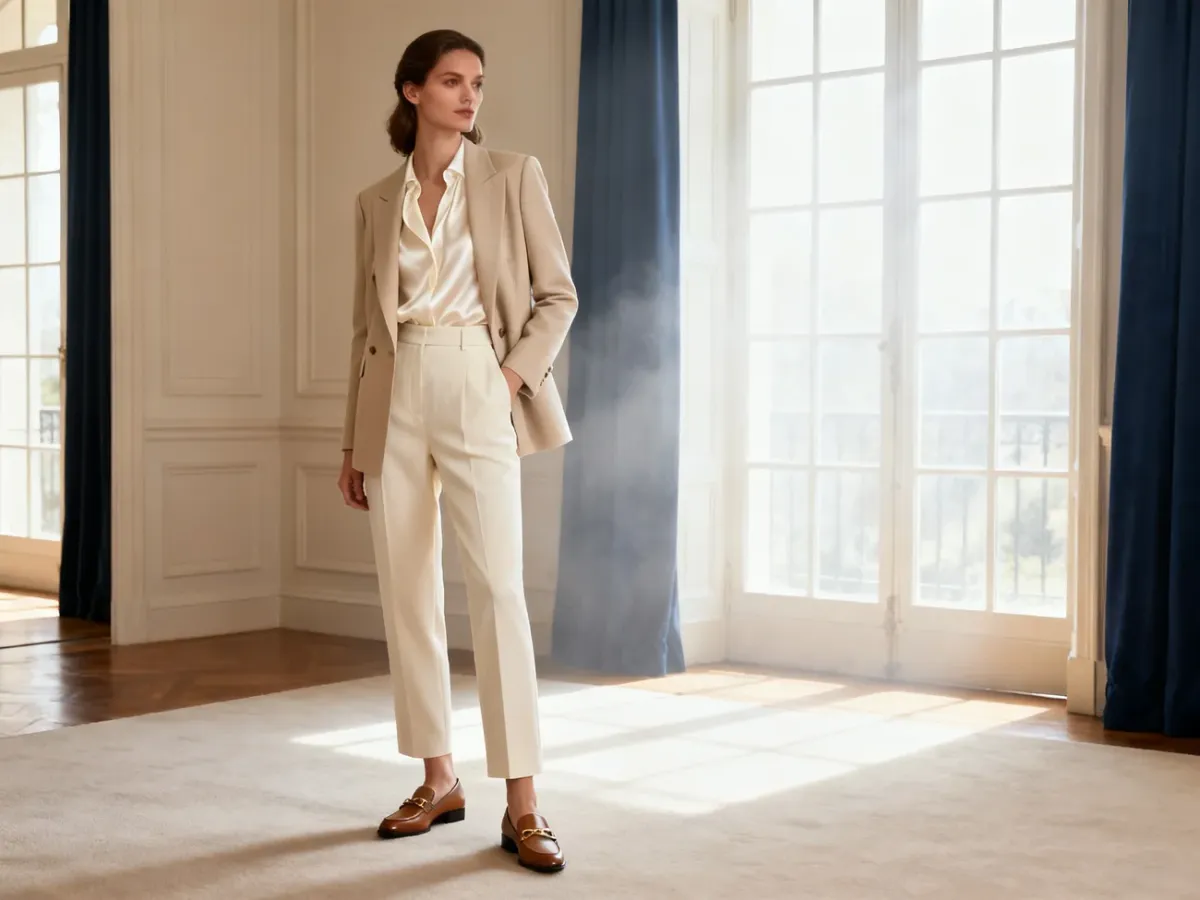 Kobieta w eleganckiej stylizacji old money z beżową marynarką i jedwabną bluzką
