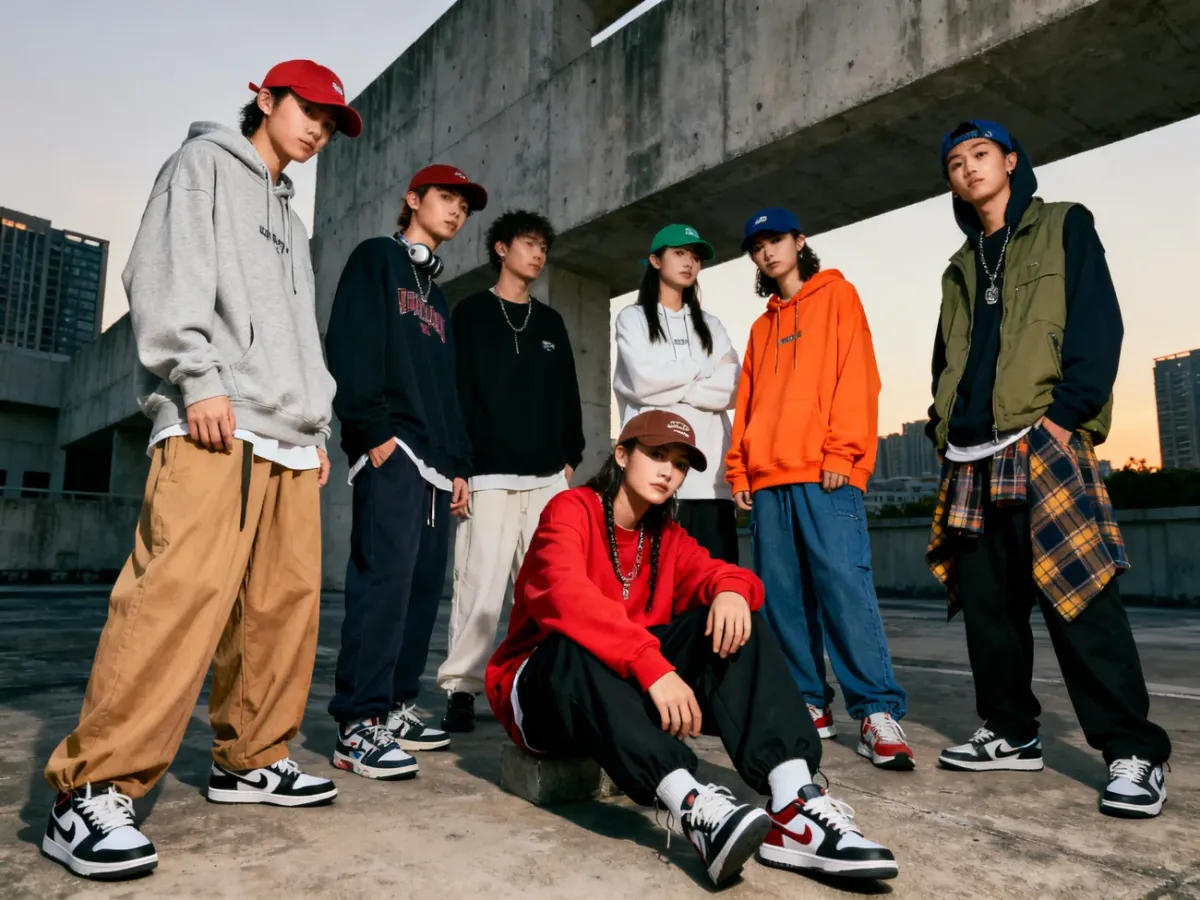 Grupa młodych osób w różnorodnych stylizacjach streetwear na miejskiej ulicy