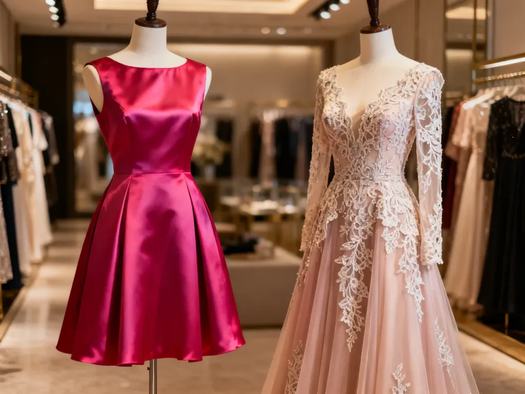 Eleganckie manekiny prezentujące satynową sukienkę koktajlową do kolan oraz długą, koronkową suknię wieczorową.