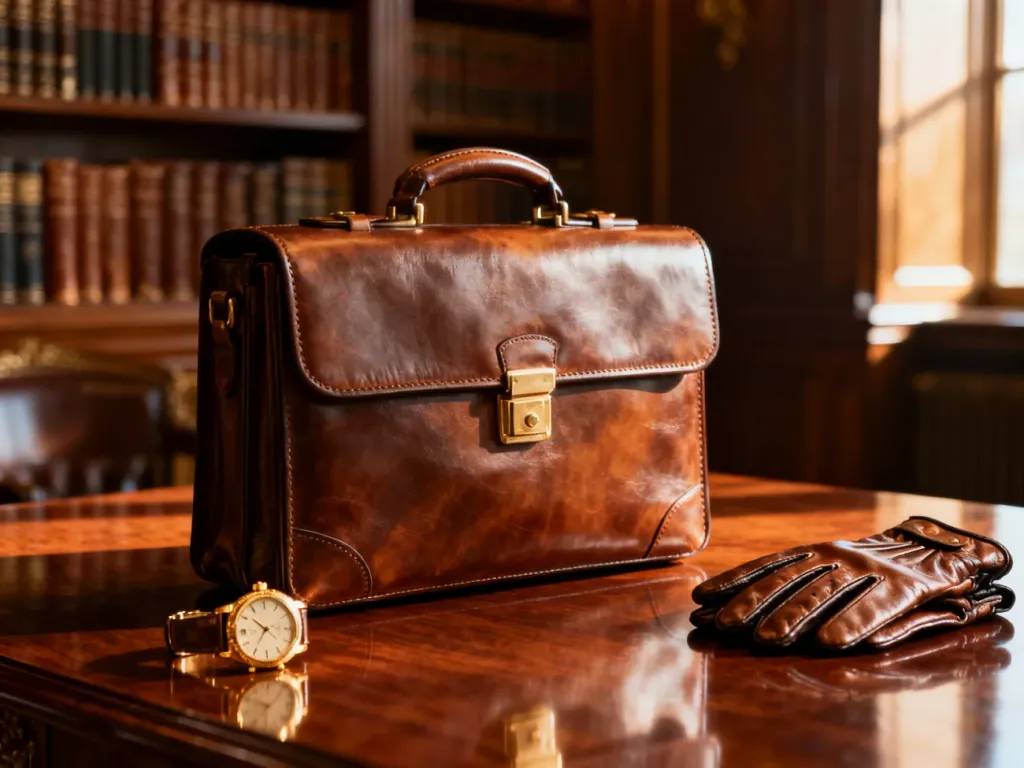 Skórzana aktówka, złoty zegarek i rękawiczki na mahoniowym stole, podkreślające elegancję stylu old money.