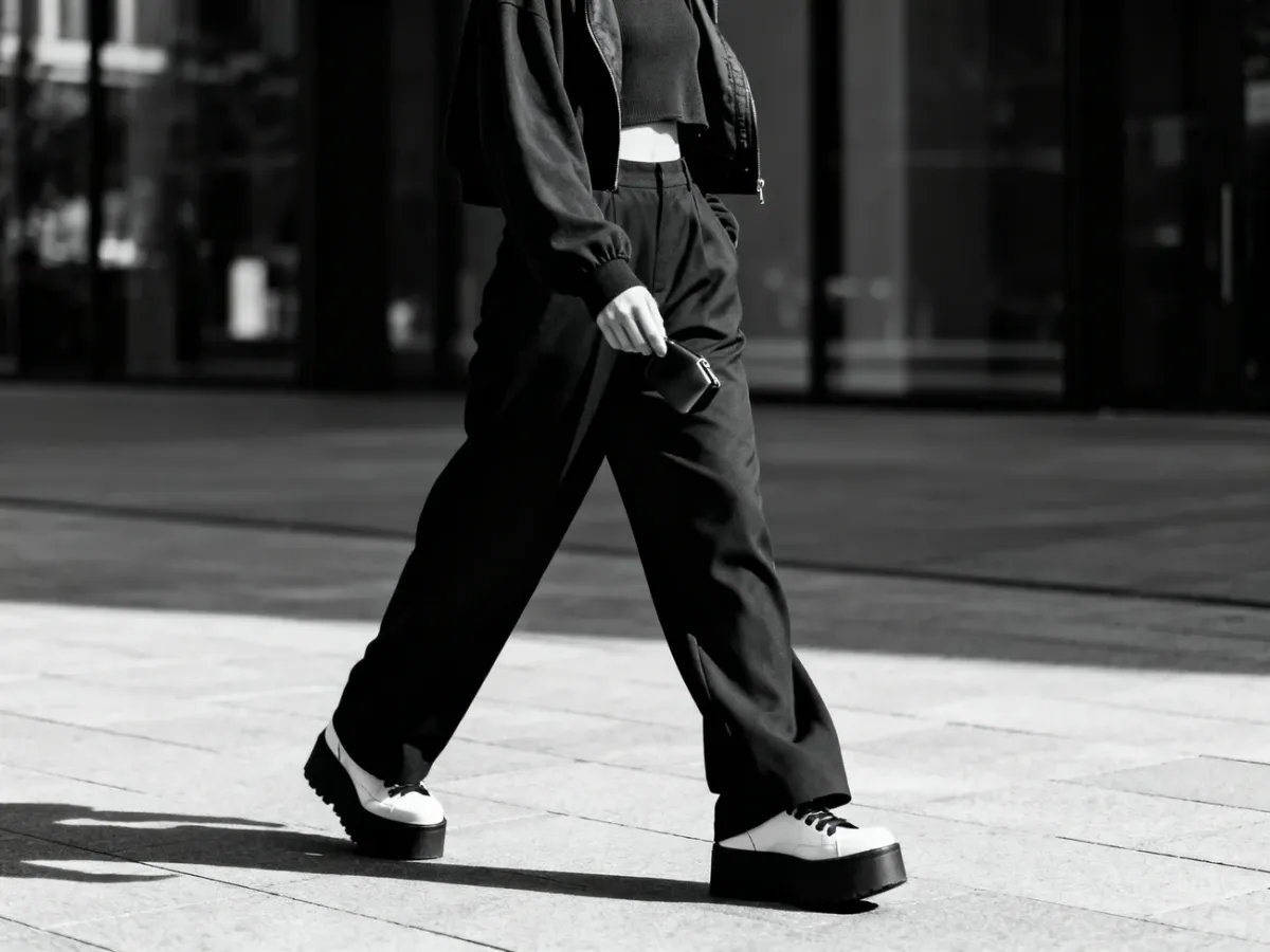 Monochromatyczna stylizacja streetwearowa z masywnym obuwiem