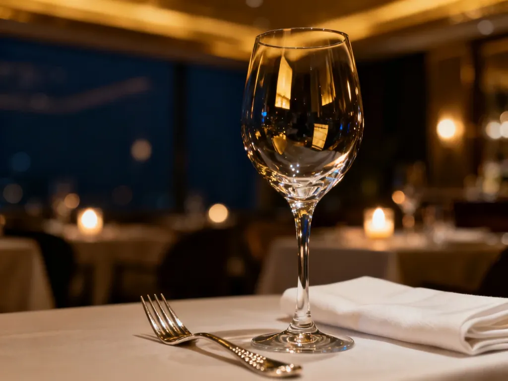 Elegancko nakryty stół w restauracji z kryształowym kieliszkiem i sztućcami, tworzący atmosferę idealną na kolację.