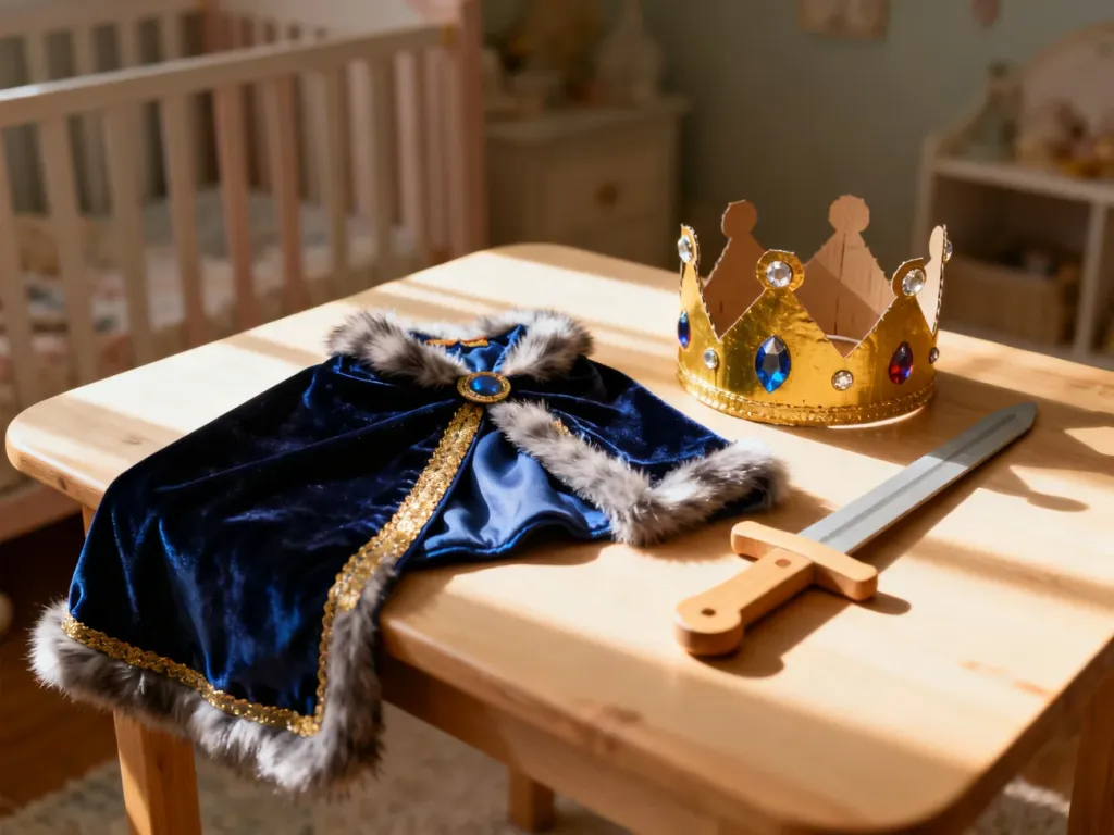 Elementy stroju księcia: aksamitna peleryna, złota korona z klejnotami oraz drewniany miecz przygotowane do zabawy.