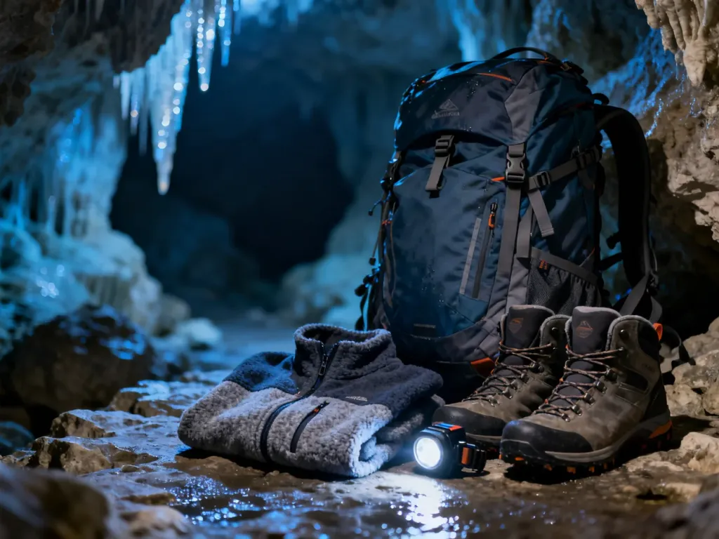 Profesjonalny sprzęt turystyczny, w tym plecak, buty trekkingowe i latarka czołowa, przygotowany do zwiedzania jaskini.