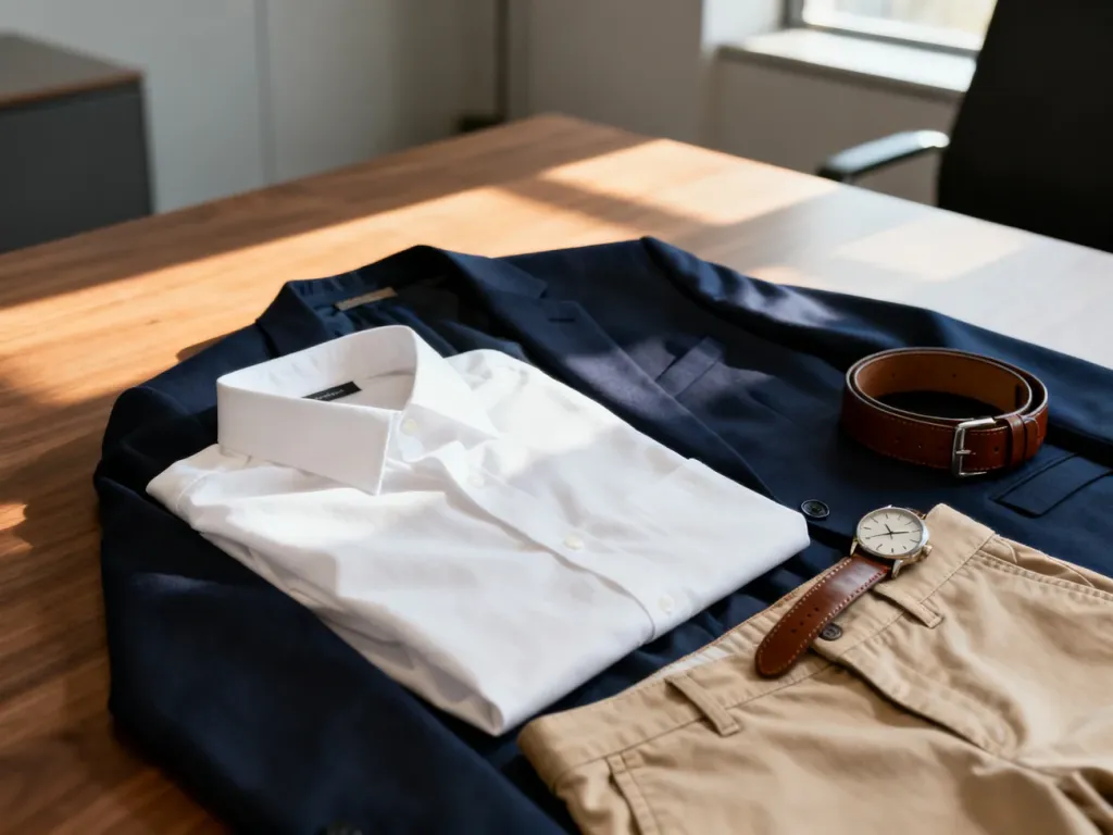 Zestaw ubrań w stylu smart casual: biała koszula, granatowa marynarka i beżowe spodnie chino z dodatkami na drewnianym stole.