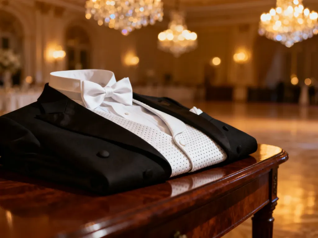 Elegancki frak, biała kamizelka i muszka na mahoniowym stole w tle sali balowej, ilustrujące zasady stroju white tie.