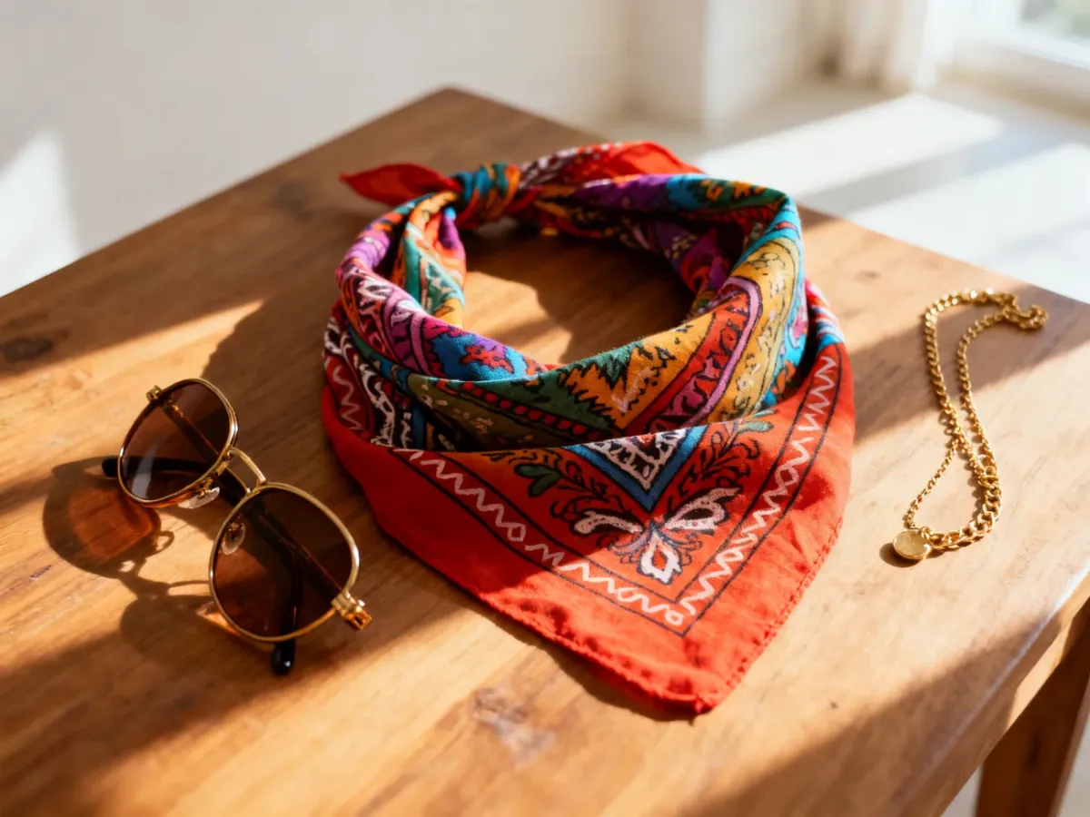 Kolorowa bandana ułożona na drewnianym blacie obok okularów przeciwsłonecznych i złotego naszyjnika.