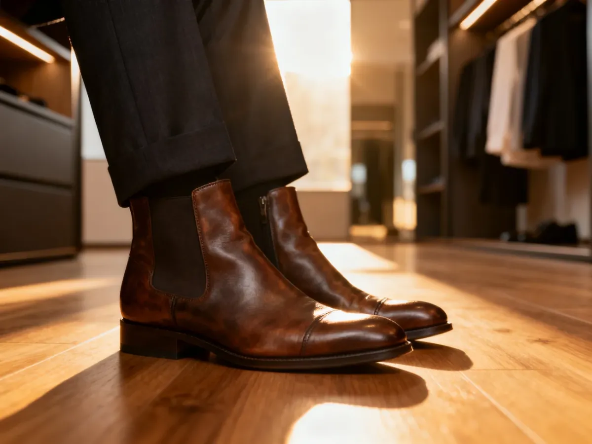 Skórzane buty zestawione z eleganckimi spodniami, prezentujące idealną długość nogawek w nowoczesnej garderobie.