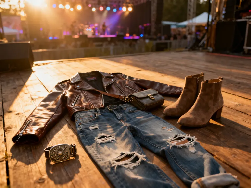 Stylowy zestaw na koncert: skórzana kurtka, jeansy z przetarciami i botki na drewnianym tle w klimacie festiwalowym.
