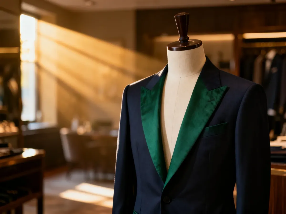 Eleganckie marynarki w kolorach granatu i butelkowej zieleni wyeksponowane na manekinach w stylowym butiku.