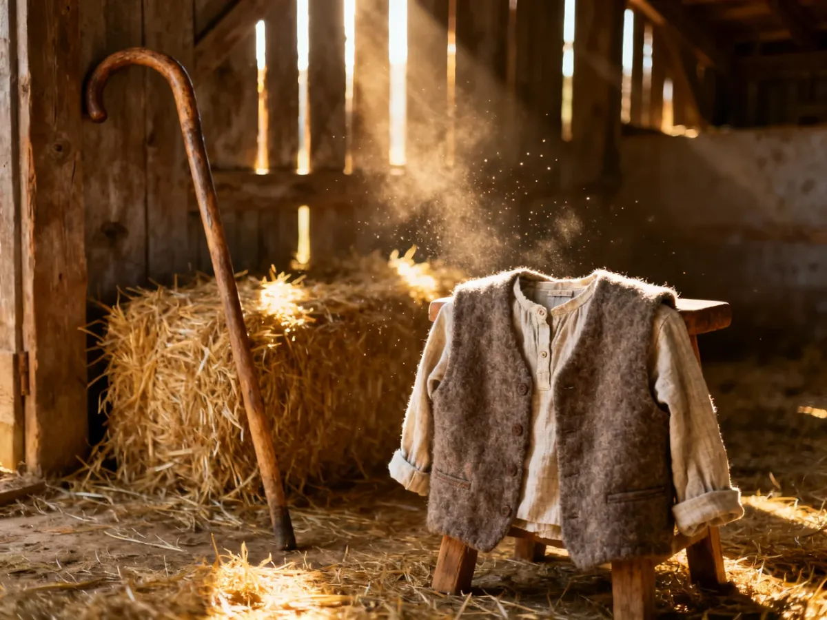 Rustykalny kostium pastuszka z wełnianą kamizelką i drewnianą laską w przytulnym wnętrzu stodoły.