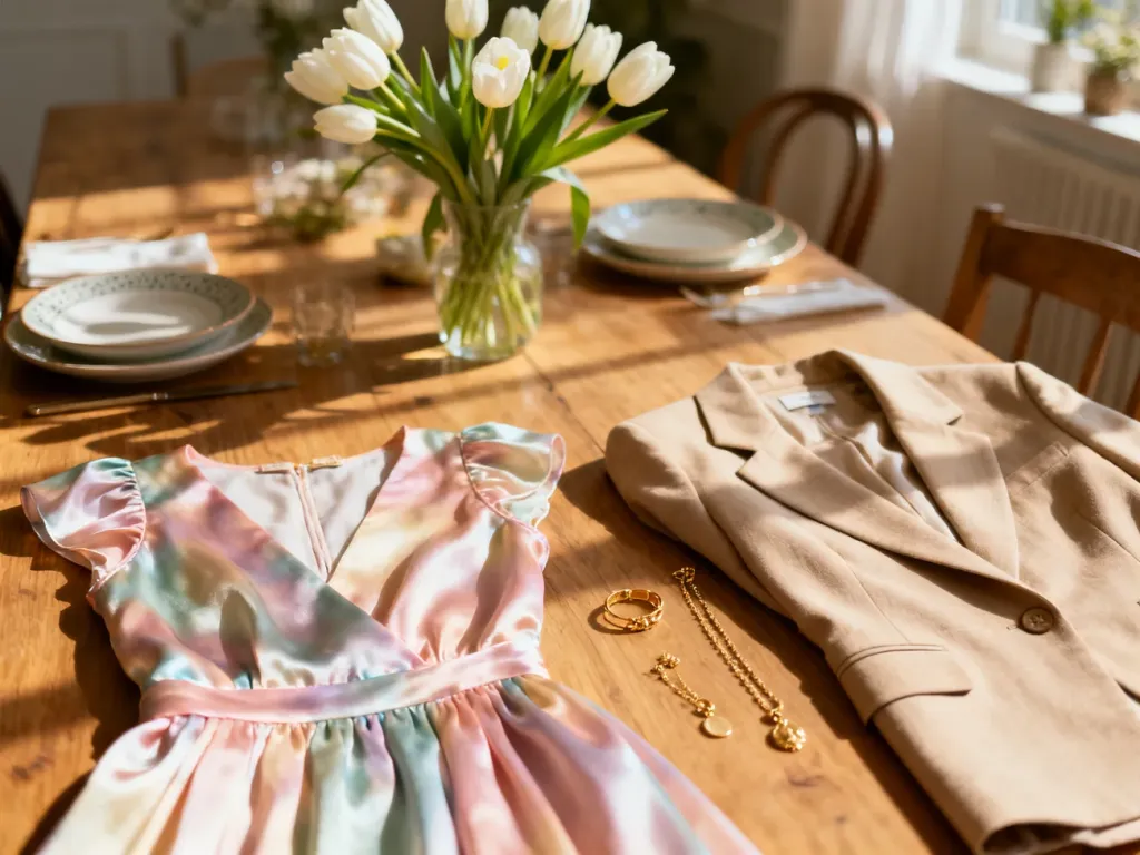 Elegancka wiosenna stylizacja z pastelową sukienką, beżową marynarką i złotą biżuterią na wielkanocne śniadanie.