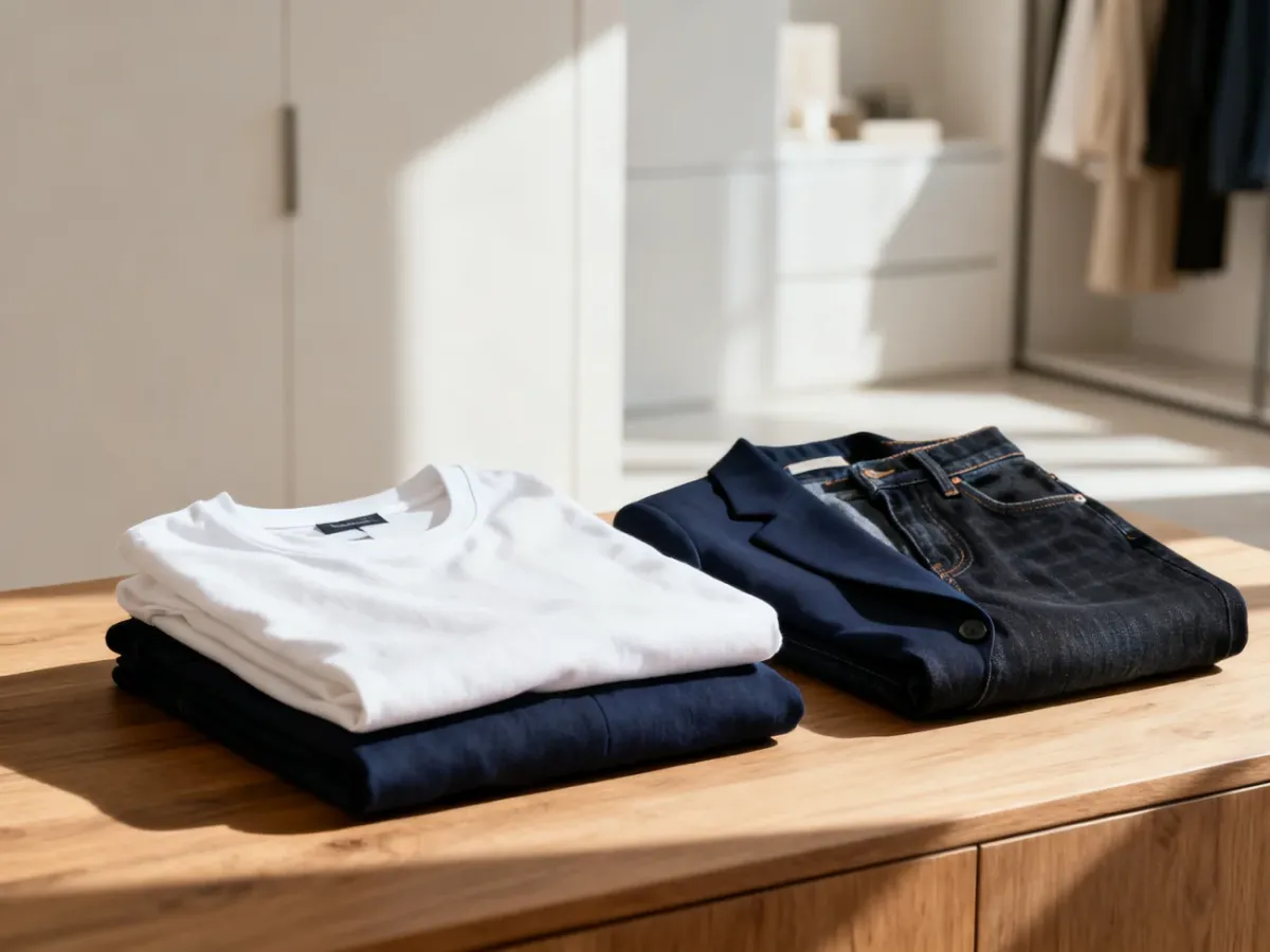 Starannie złożone ubrania bazowe: biały T-shirt, granatowa marynarka i jeansy na drewnianym blacie w minimalistycznym wnętrzu.
