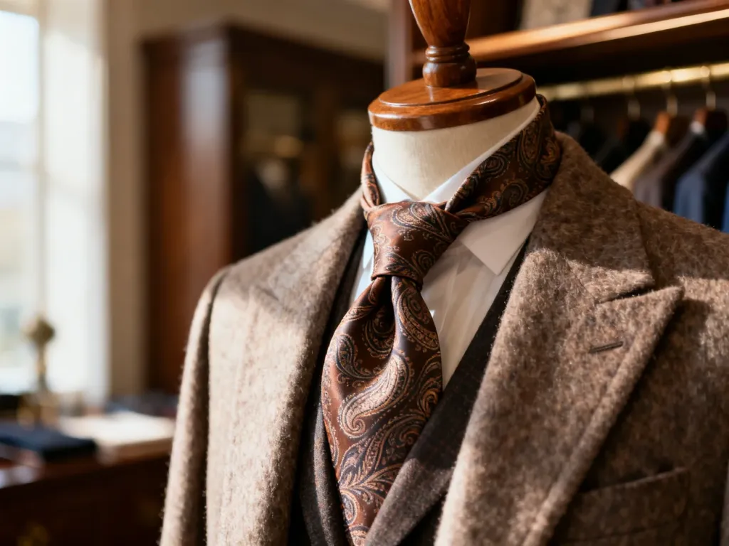 Jedwabny fular w paisley ułożony na eleganckim wełnianym płaszczu, prezentujący stylizację męską.