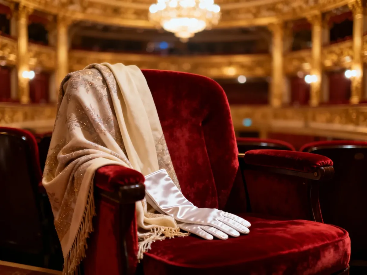 Eleganckie aksamitne krzesło w operze z jedwabnymi rękawiczkami i szalem, budujące atmosferę wieczornej elegancji.