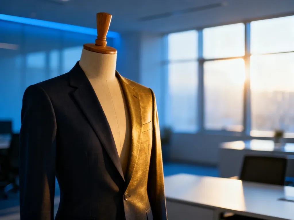 Elegancki manekin w profesjonalnym stroju biznesowym na tle nowoczesnego, słonecznego biura.