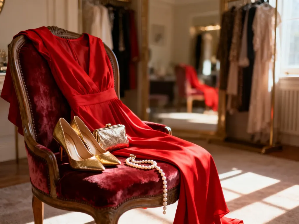 Elegancka czerwona sukienka zestawiona ze złotymi szpilkami, kopertówką i perłową biżuterią na wesele.